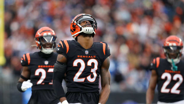 Dec 10, 2023; Cincinnati, Ohio, USA; Cincinnati Bengals safety Dax Hill (23) celebrates a pass breakup during the first quarter against the Indianapolis Colts at Paycor Stadium. Mandatory Credit: Joseph Maiorana-USA TODAY Sports  